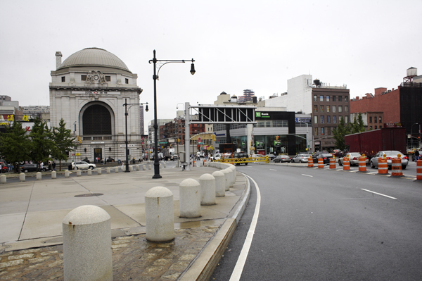 View of Canal Street and Bowery in Chinatown from the tip of Man