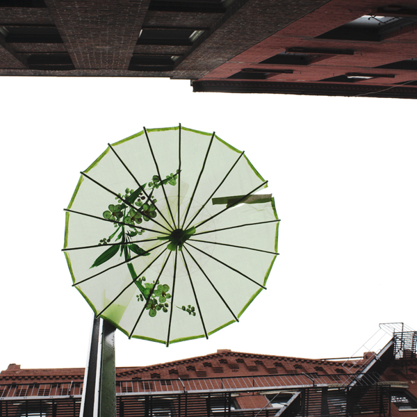 Umbrella hanging from street sign, Chinatown, NYC