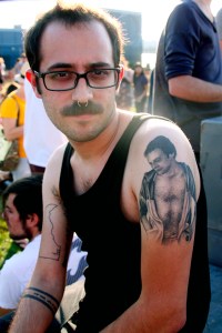 Man with tattoo of his father at Jelly NYC, Williamsburg, Brookl