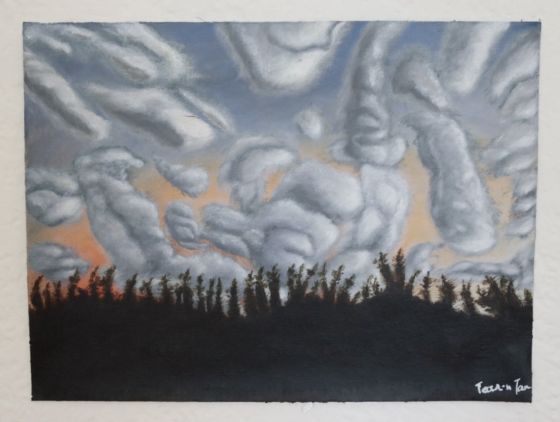Tree silhouettes against clouds in Arles, France. 12×16 Acrylic on Canvas $600.